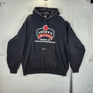 Nike Lucky's Bar & Grille Hoodie Sweatshirt Mens L Navy Blue Pullover Casual
